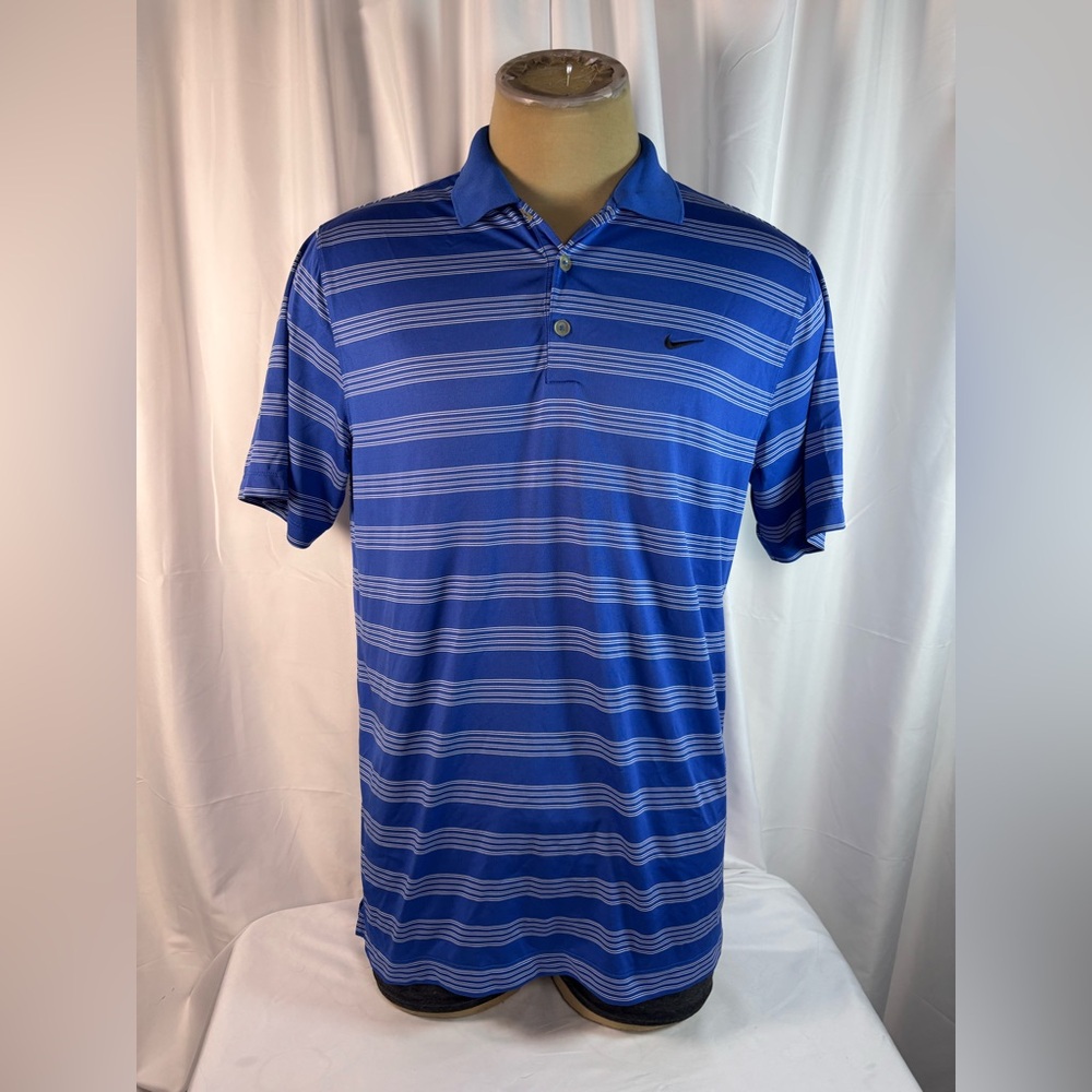 Nike Golf Tour Performance Blue/White Striped Dri-Fit Polo Shirt Mens Large
